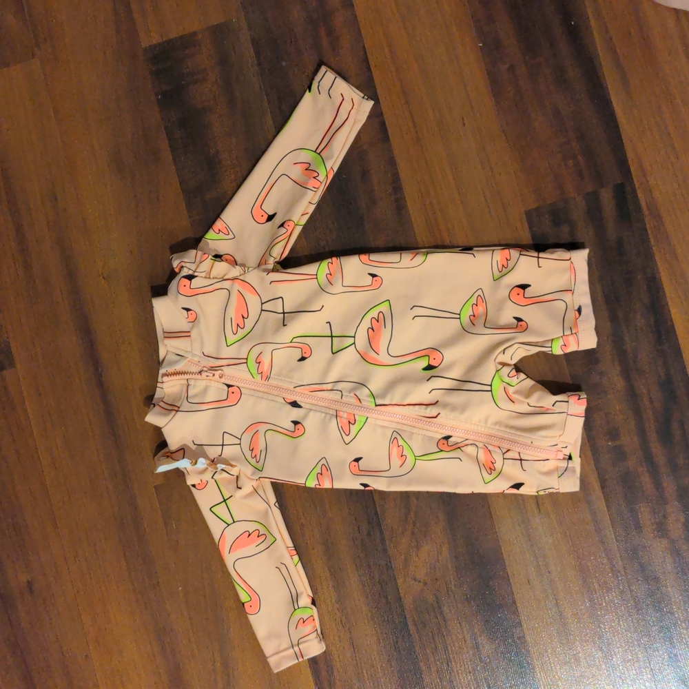 One piece zip up. Swimsuit 6m. Flamingos
